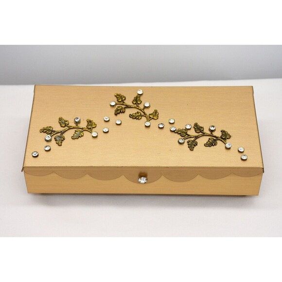 Gold Leaf with Diamond stud jewels with Fuchsia soft velvet lining jewelry box - Picture 1 of 7